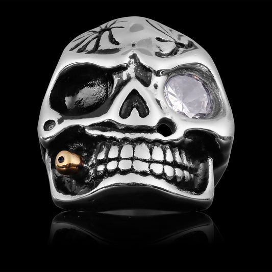 Stainless Steel Skull Smoking 18K Gold PVD Coated Cigar & CZ Eye Ring