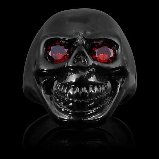 Stainless Steel Red CZ Eyed Black Skull Unisex Ring
