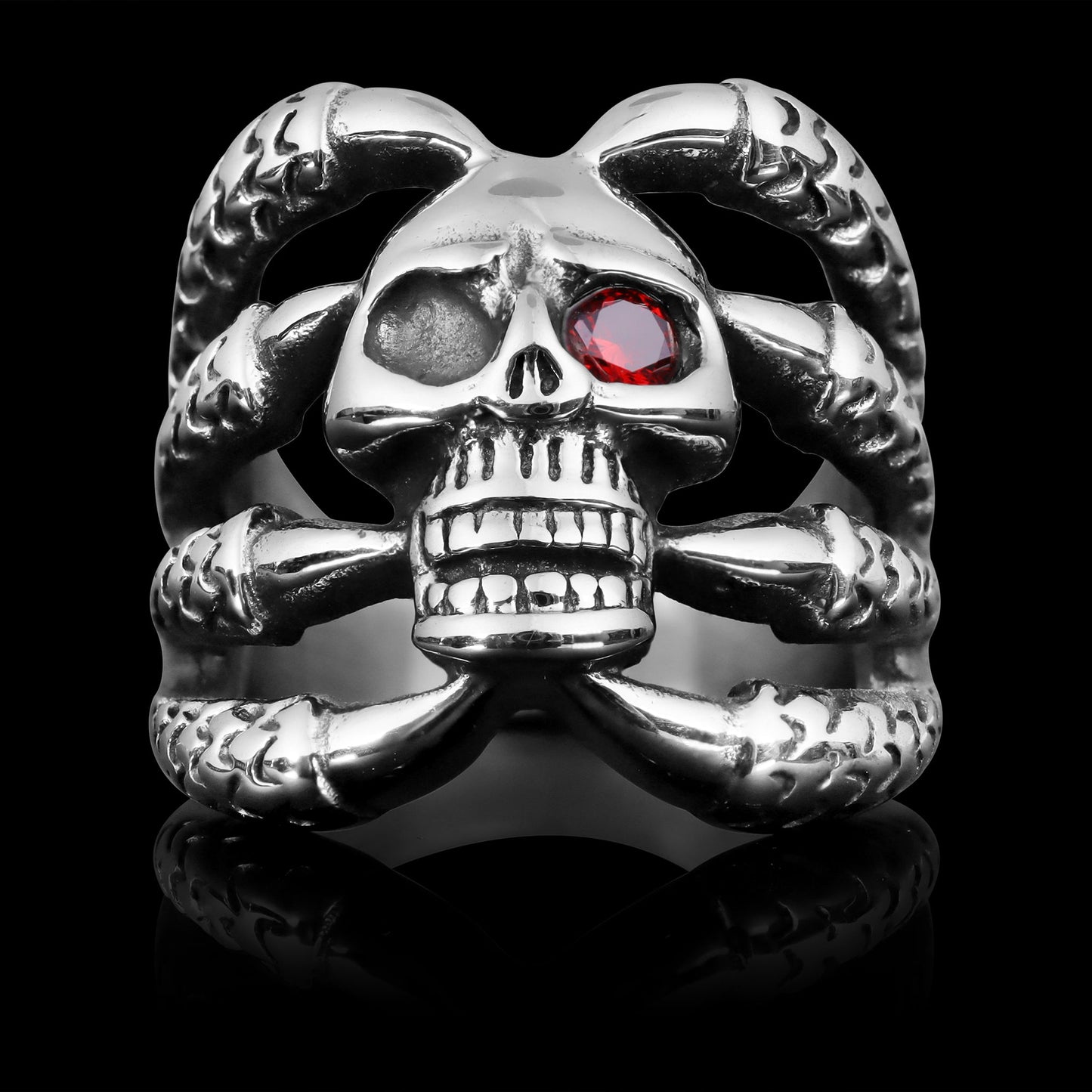 Stainless Steel Dragon Claws Holding Red CZ Eyed Skull Ring