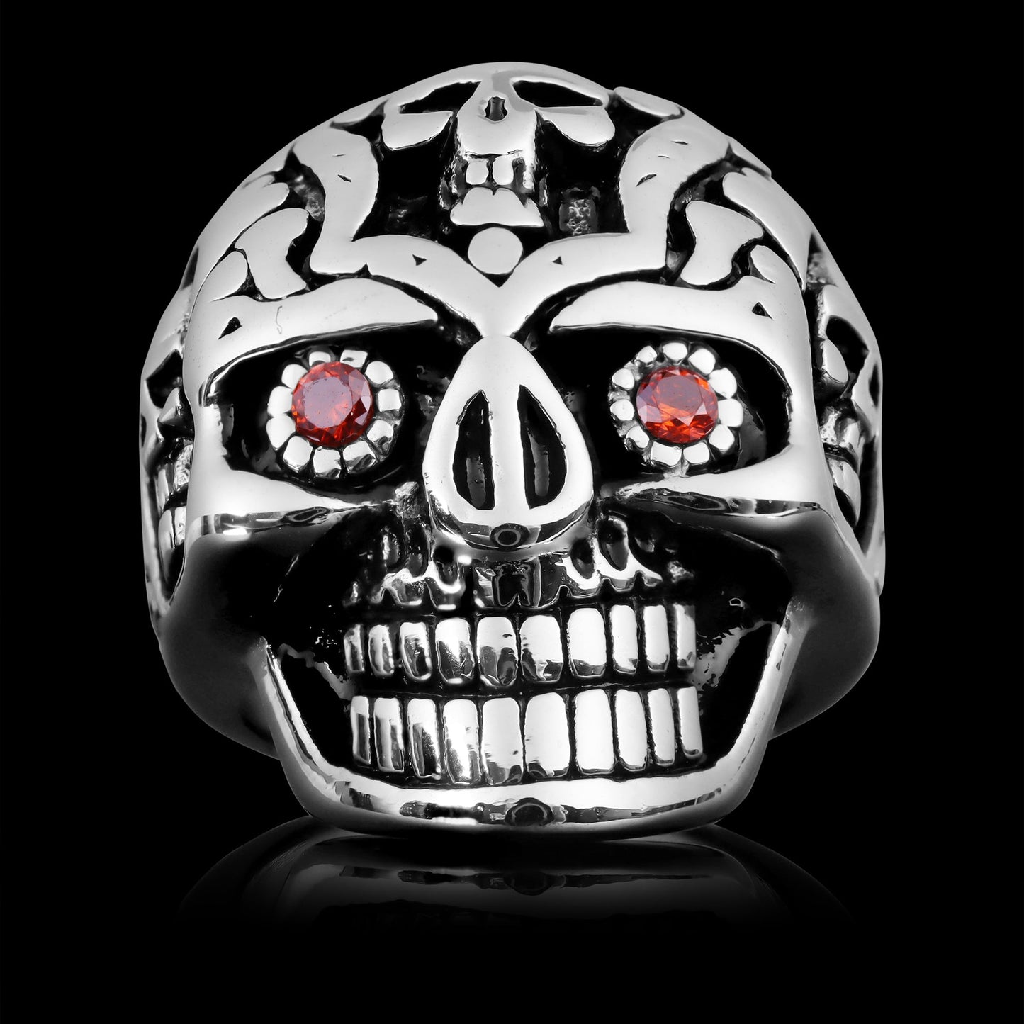 Stainless Steel Red CZ Eyed Sugar Skull Unisex Ring