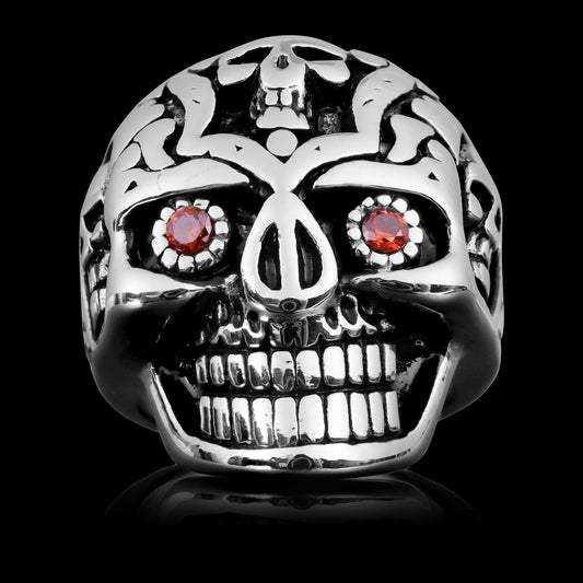 Stainless Steel Red CZ Eyed Sugar Skull Unisex Ring