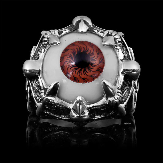 Stainless Steel Gothic Red Eyeball With Claw And Skull Accents Ring