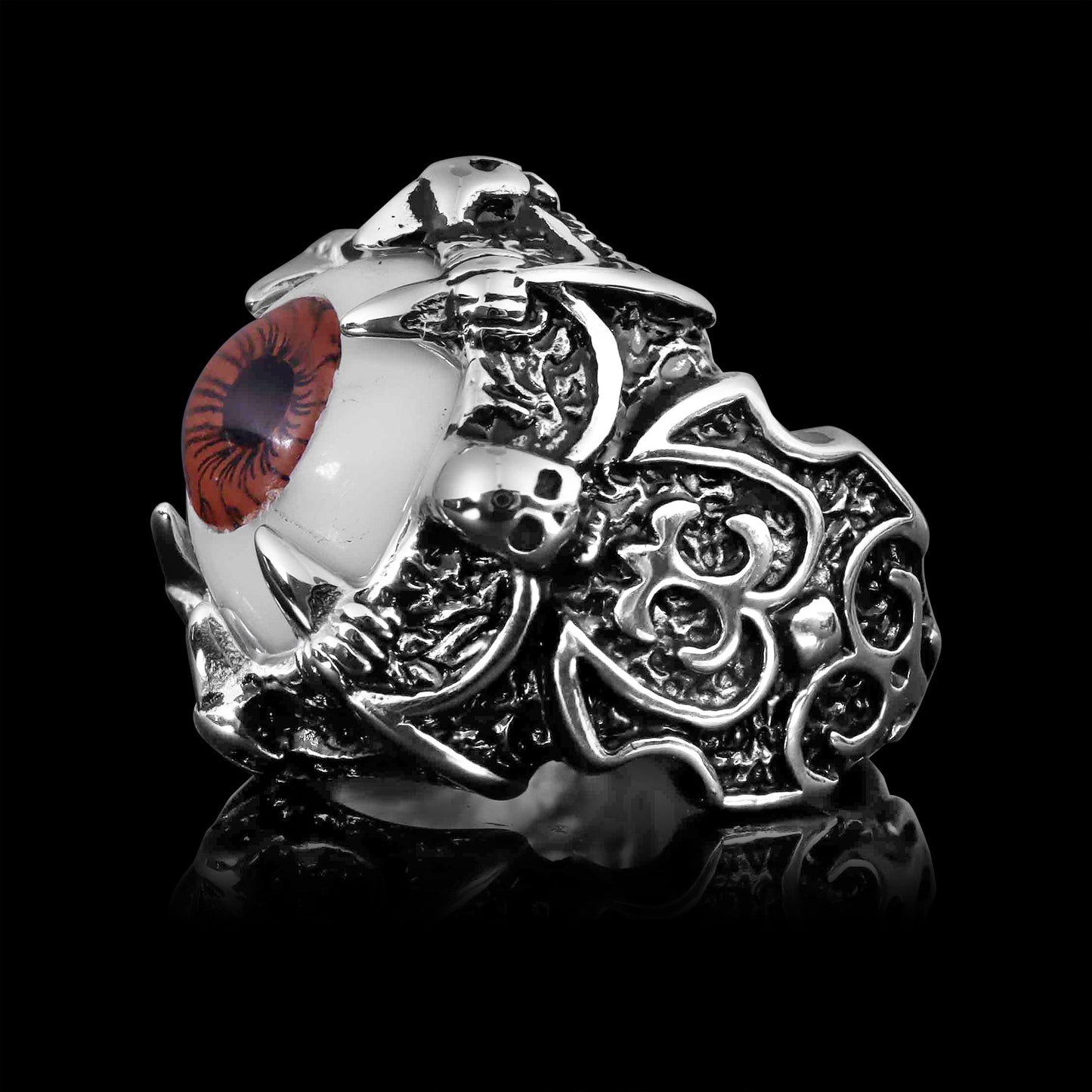Stainless Steel Gothic Red Eyeball With Claw And Skull Accents Ring