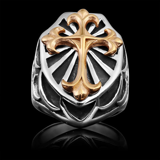 18K Gold Steel Cross On Shield Signet Ring