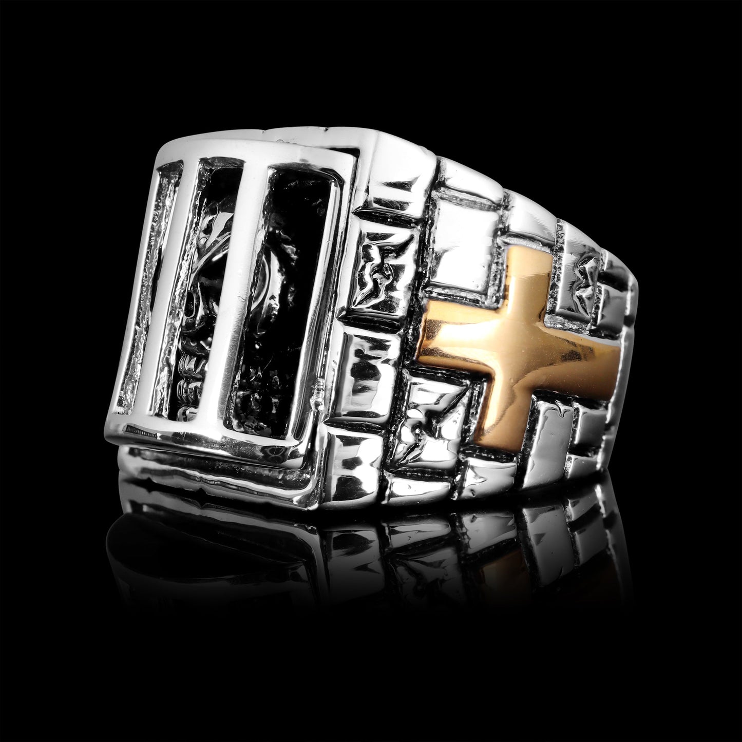 Stainless Steel Medieval Jailed Skull & 18K Gold Plated Cross Ring