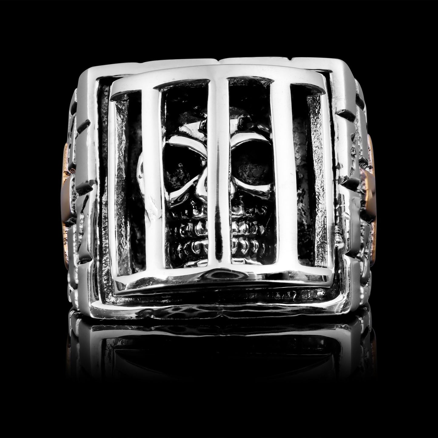 Stainless Steel Medieval Jailed Skull & 18K Gold Plated Cross Ring