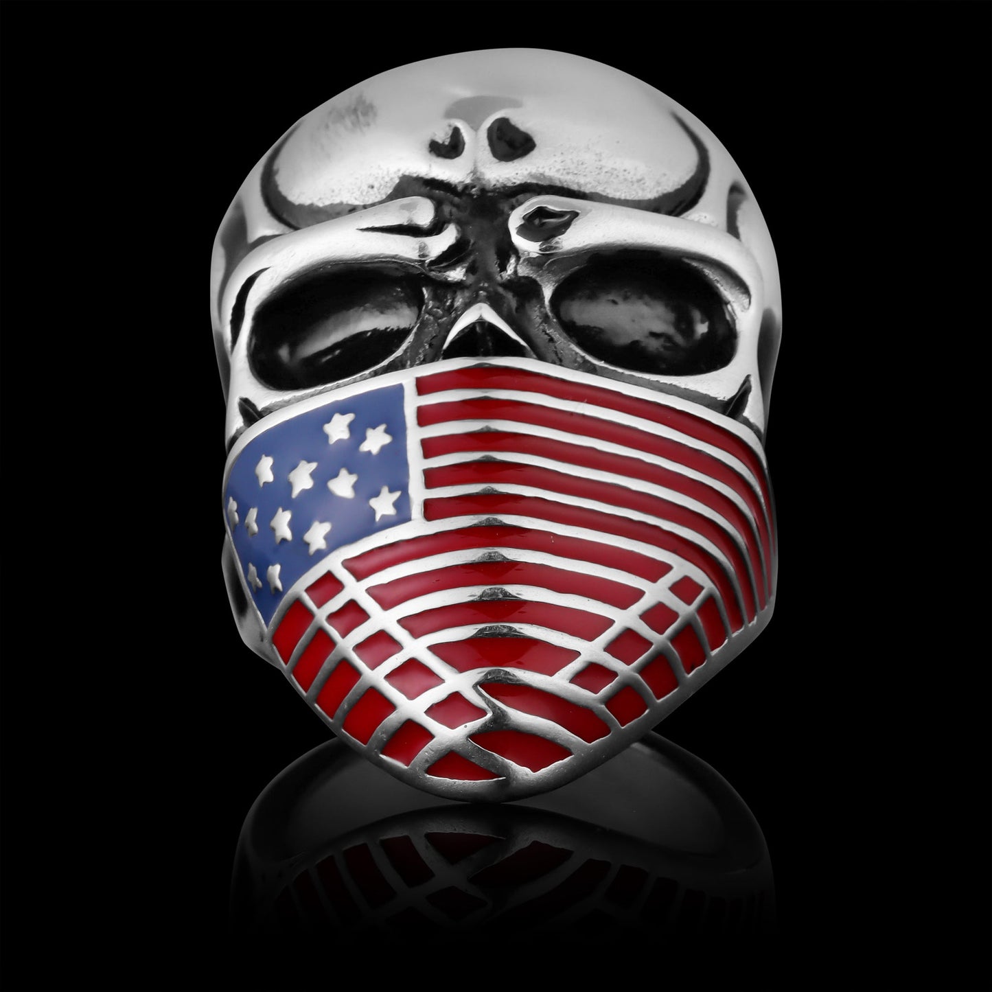 Stainless Steel USA Freedom Rider Skull Ring