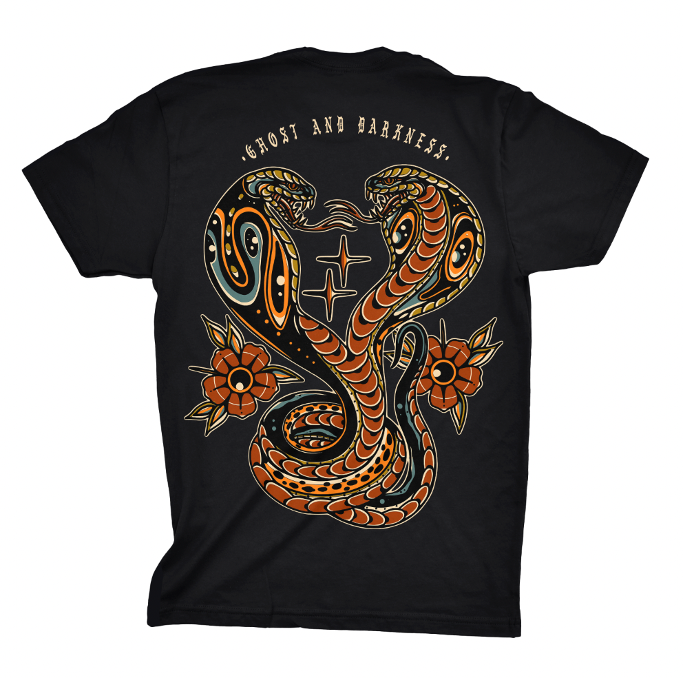 Black t-shirt with a snake design and text on the back against a white background