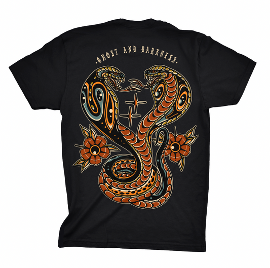 Black t-shirt with a snake design and text on the back against a white background