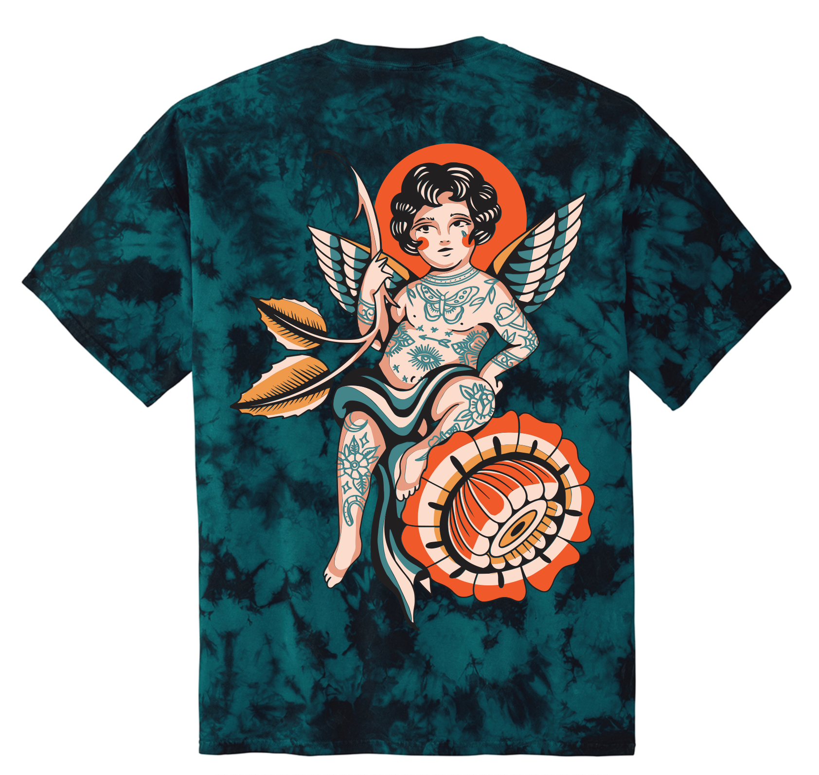Tie-dye t-shirt with a tattoo-style design of a cherub on the back