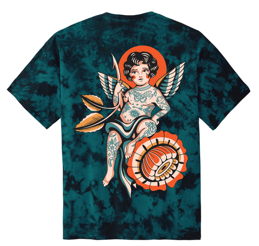 Tie-dye t-shirt with a tattoo-style design of a cherub on the back