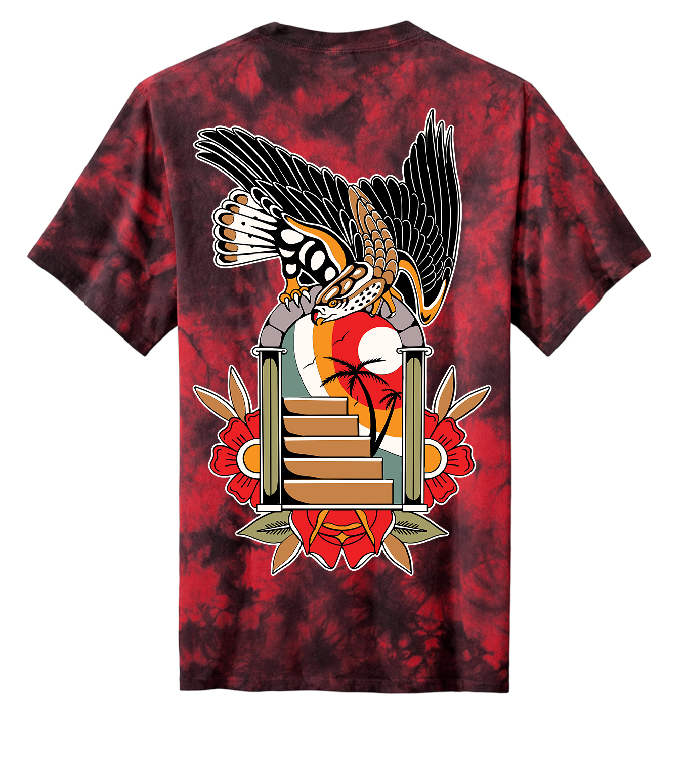 Red tie-dye t-shirt with a colorful tattoo graphic design on a white background