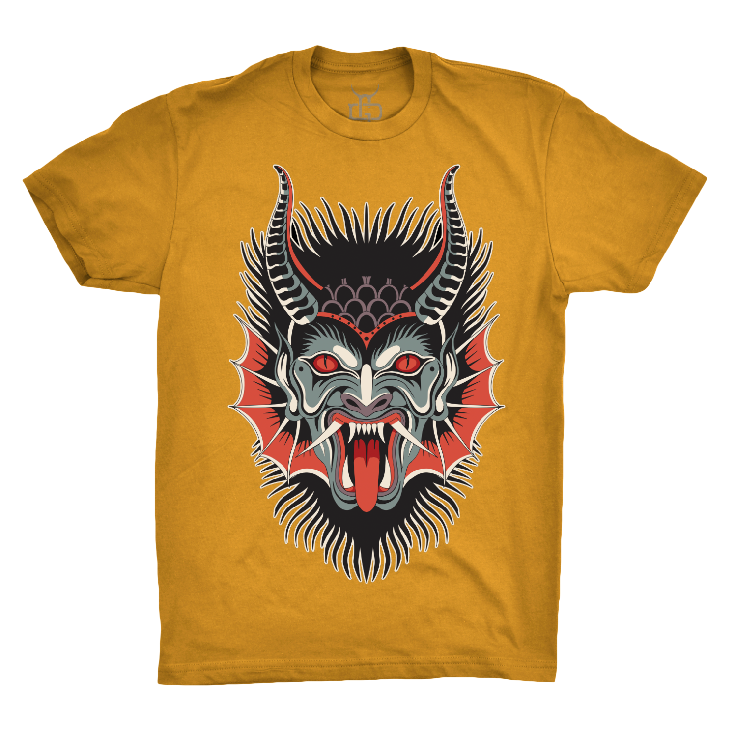 Yellow t-shirt with a dragon devil face graphic tattoo design on a white background