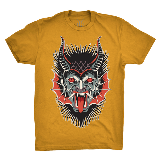 Yellow t-shirt with a dragon devil face graphic tattoo design on a white background
