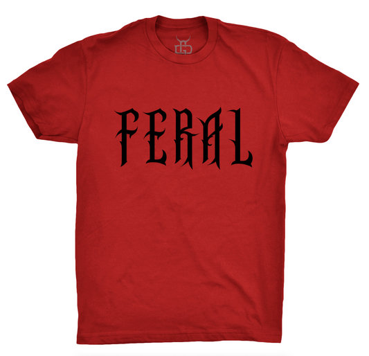 Red t-shirt with 'FERAL' printed in black on a white background