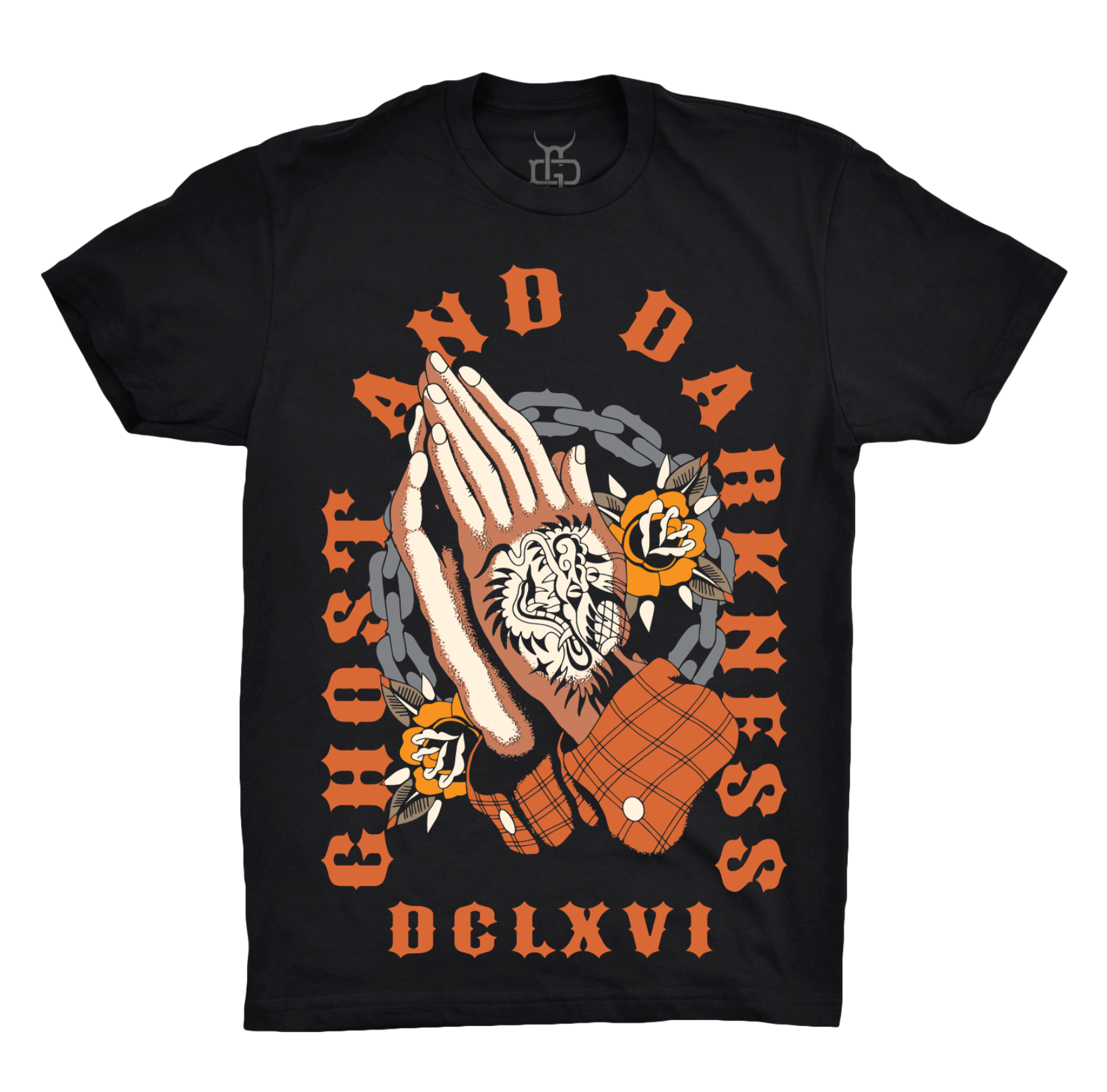 Black t-shirt with graphic design traditional tattoo style of hands and text on a white background