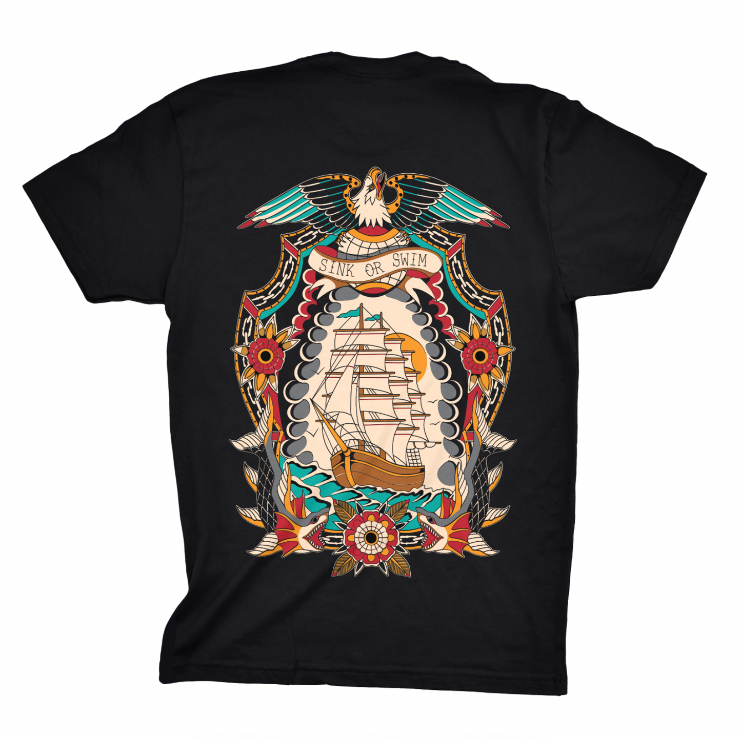 Black t-shirt with a colorful ship and eagle tattoo design on the back, on a white background.