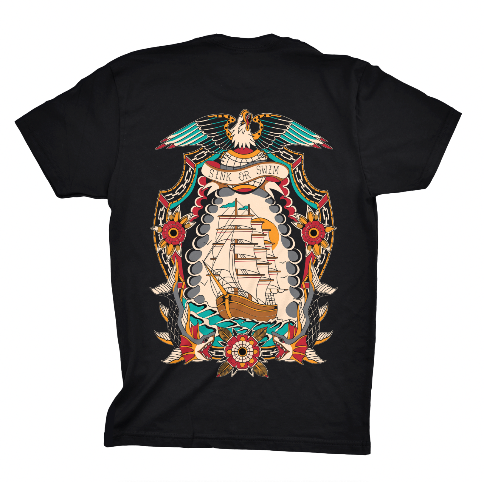 Black t-shirt with a colorful ship and eagle tattoo design on the back, on a white background.