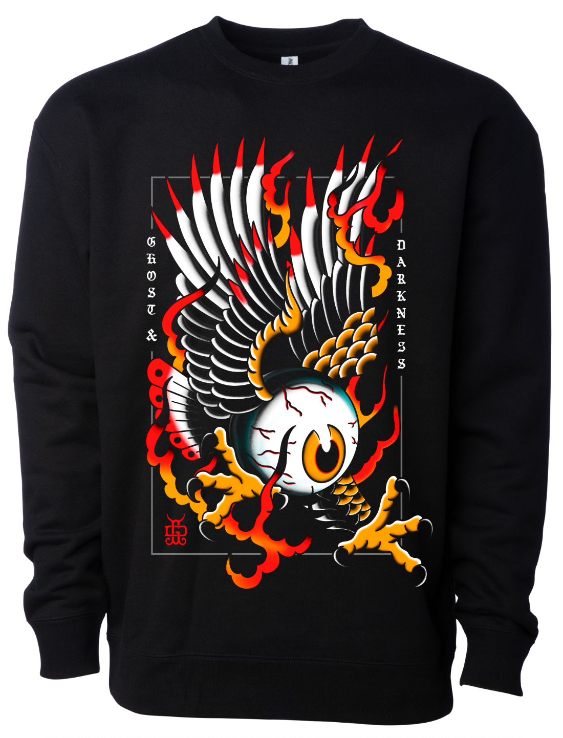 Black sweatshirt with a graphic design of an eagle and eyeball on a white background