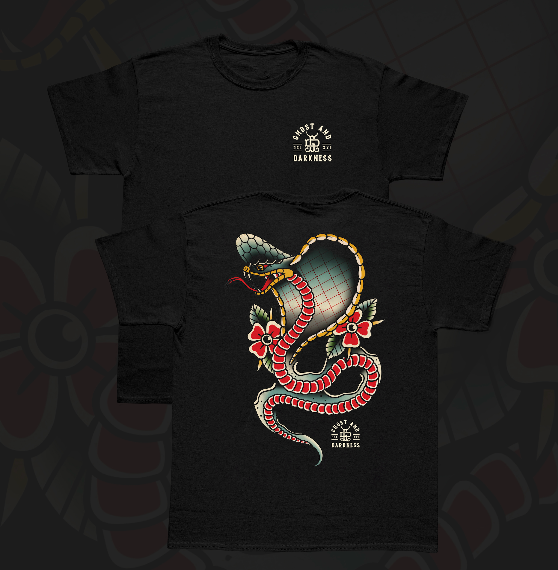 Black t-shirt with a tattoo style graphic snake design on a dark background