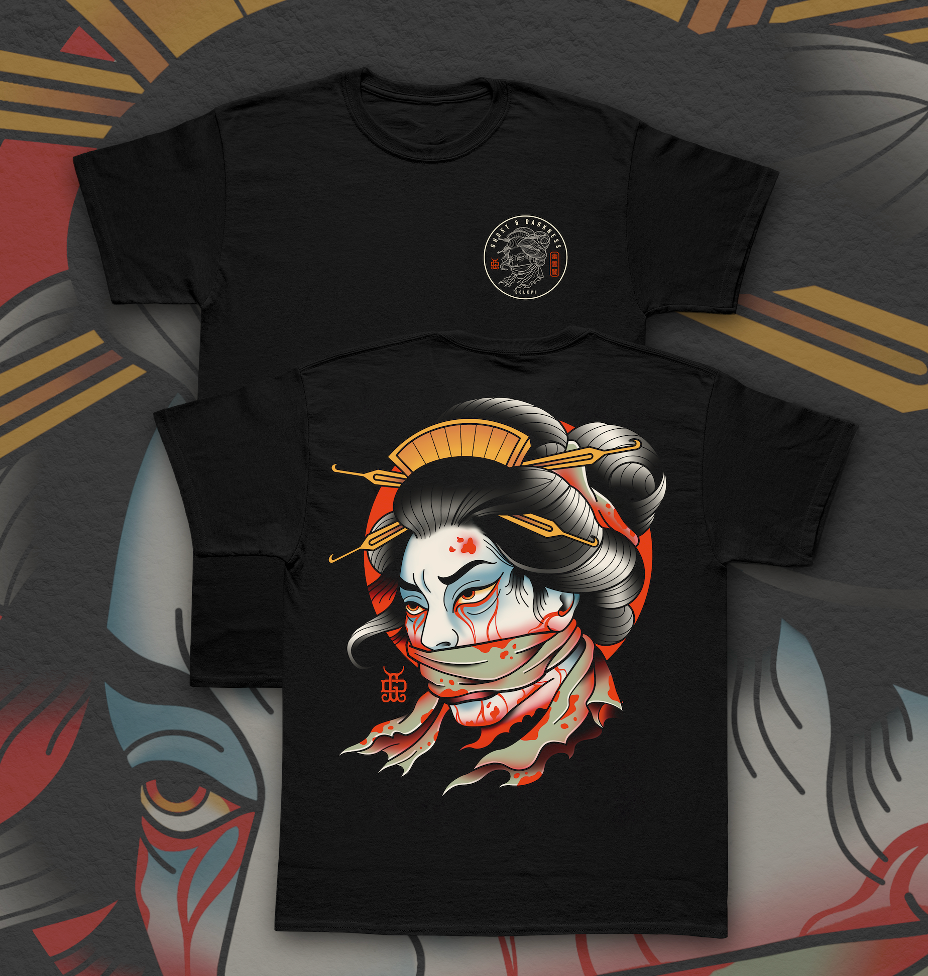 Black t-shirt with a graphic design of a face with long hair and red accents on a decorative surface.