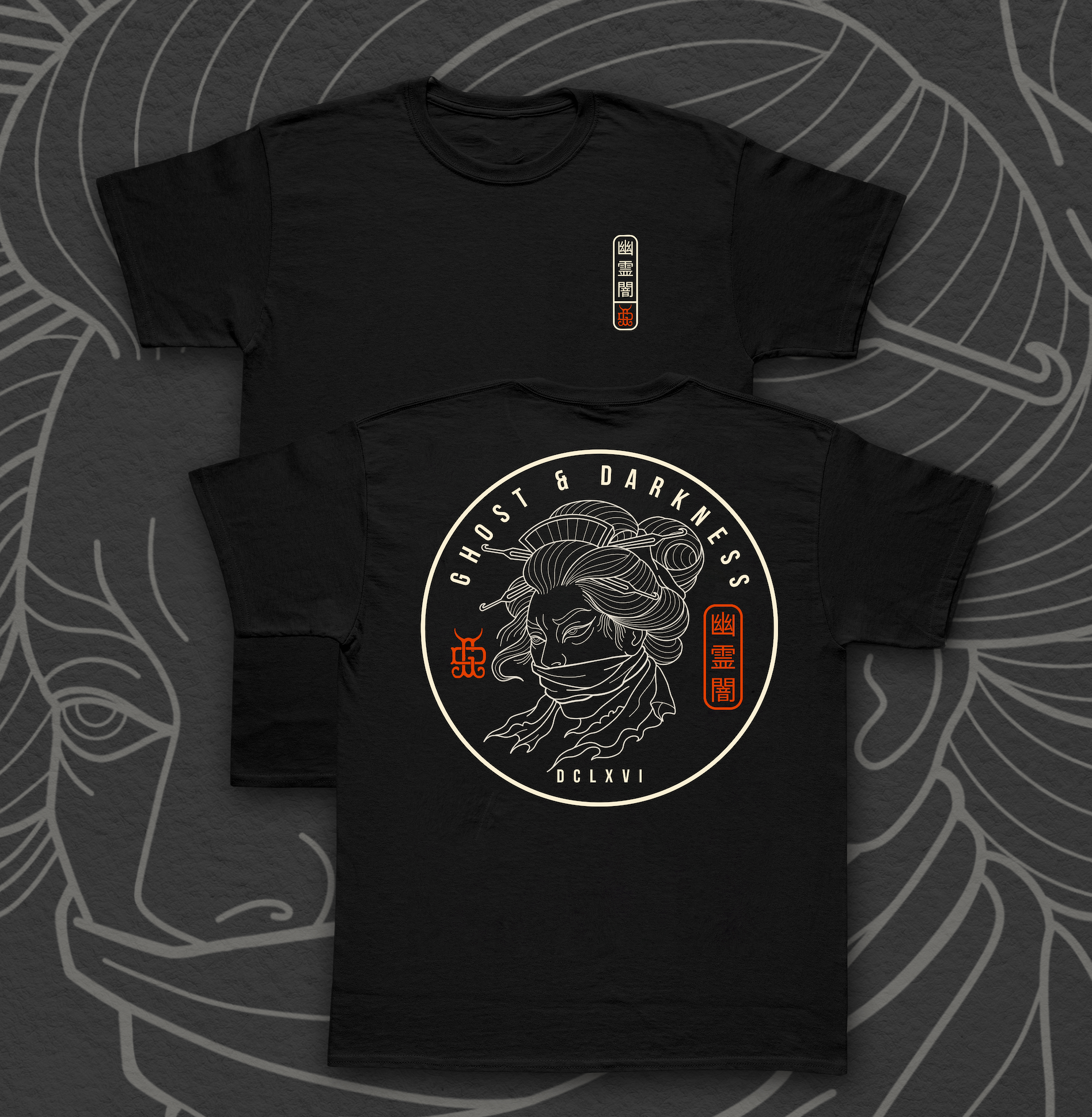Black t-shirt with graphic traditional tattoo design on a dark background