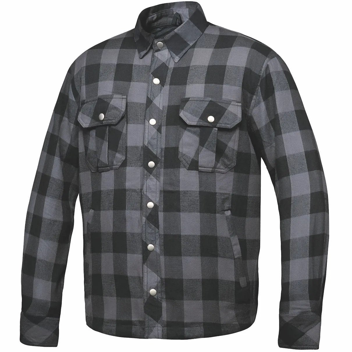 Men's armored Black and gray checkered motorcycle riding shirt with button details on a white background