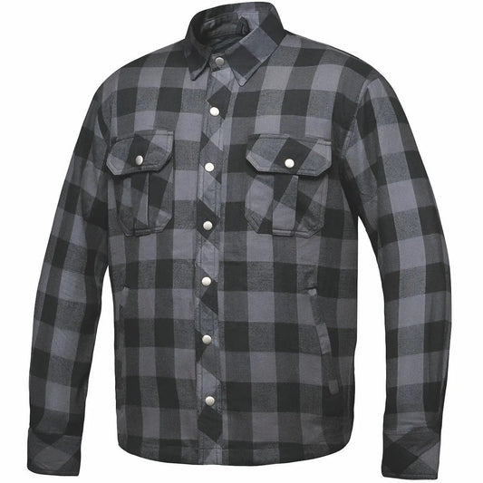 Men's armored Black and gray checkered motorcycle riding shirt with button details on a white background