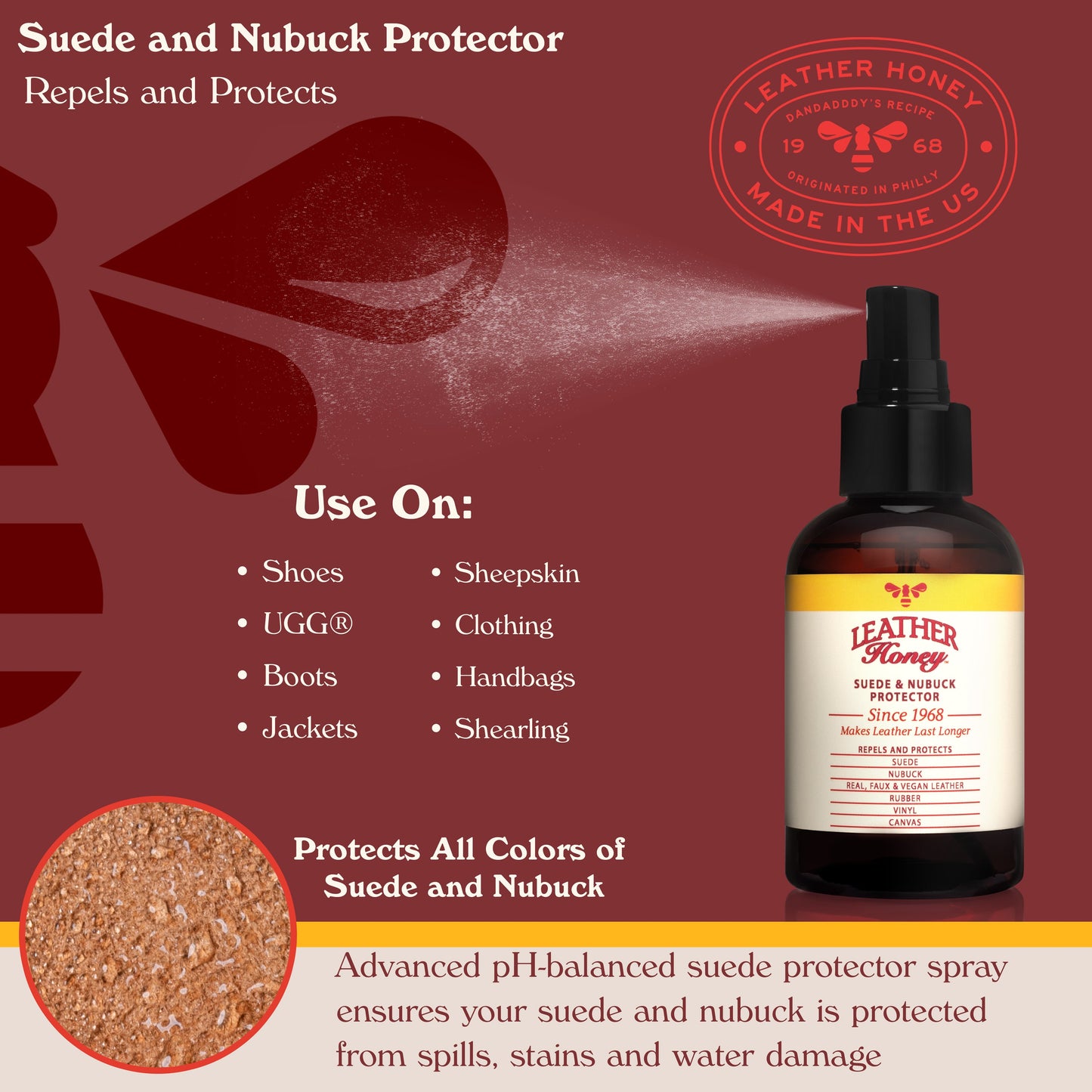 Leather Honey Suede and Nubuck Protector spray bottle with product details on a red background