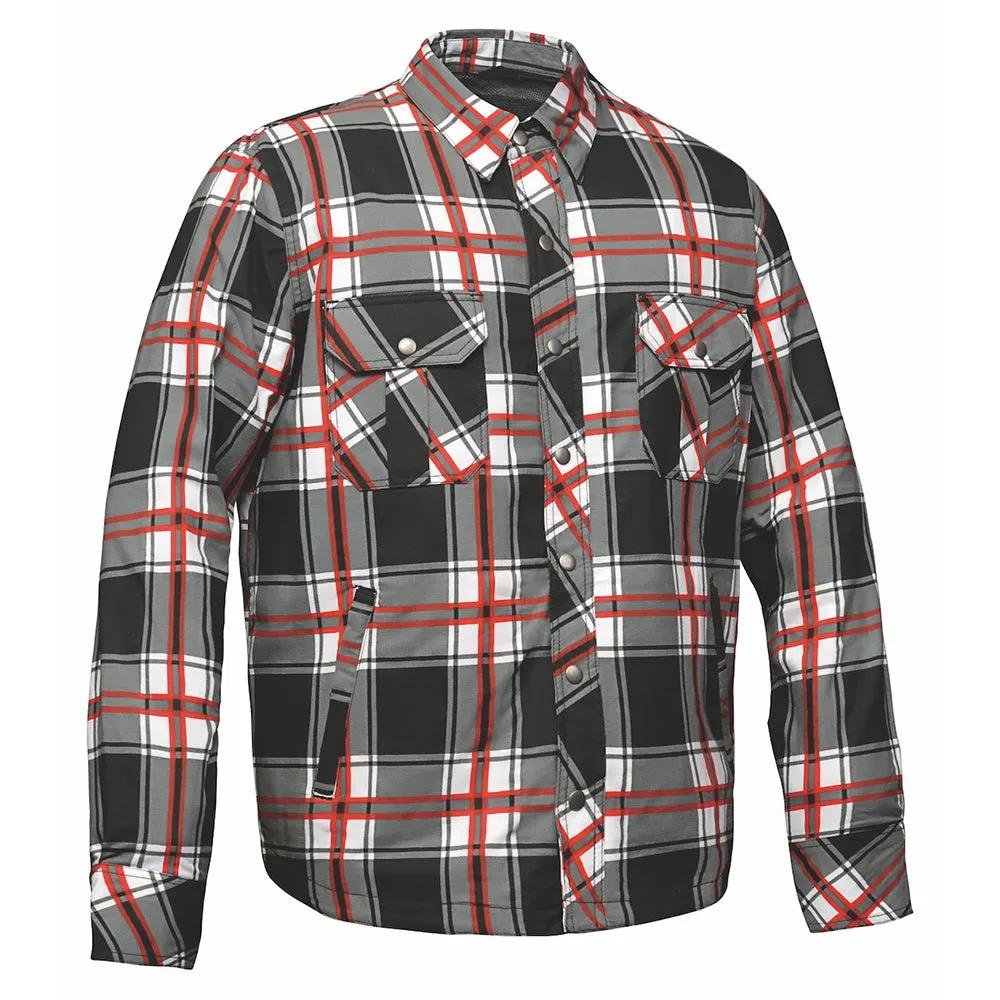 Men's plaid armored flannel shirt with black, gray, and red pattern on a white background