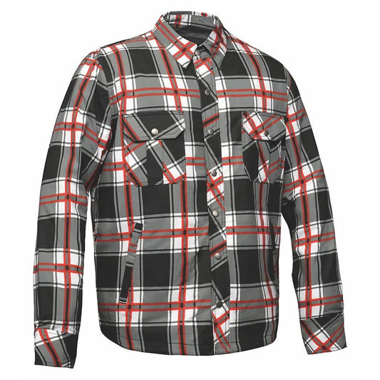 Men's plaid armored flannel shirt with black, gray, and red pattern on a white background