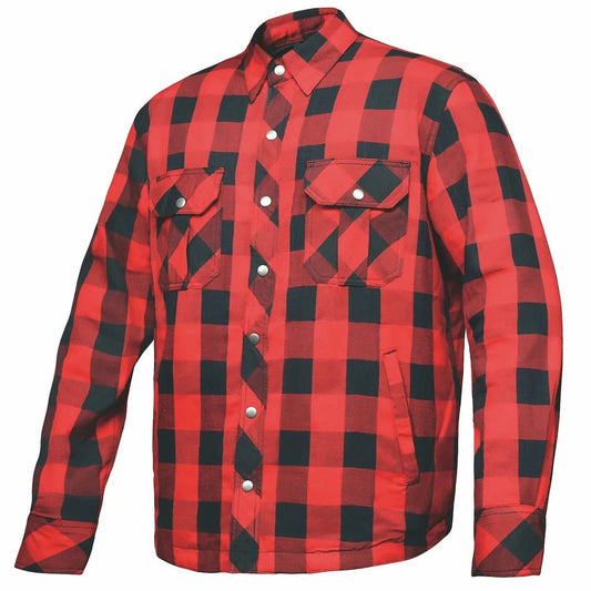 Men's red and black plaid armored flannel riding shirt on a white background