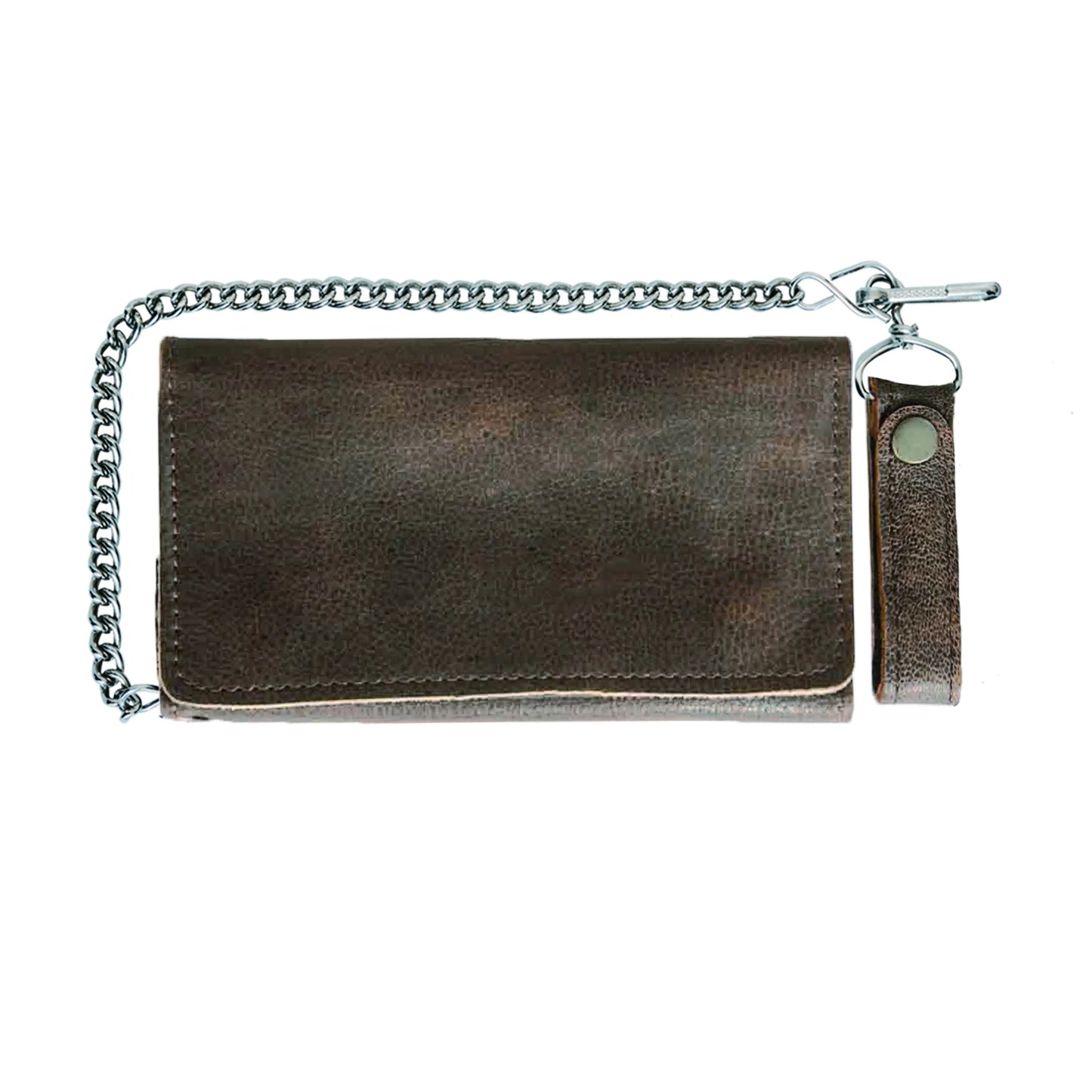 Brown leather wallet with chain metal strap on a white background