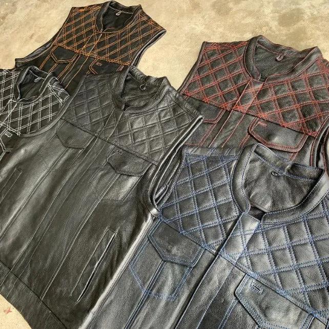 Orange Diamond - Mens Premium Leather Diamond Stitch Club Vest