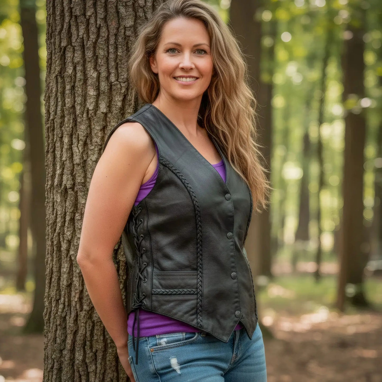 Hot Leathers VSL1006 Ladies Motorcycle Black Leather Braided Biker Vest