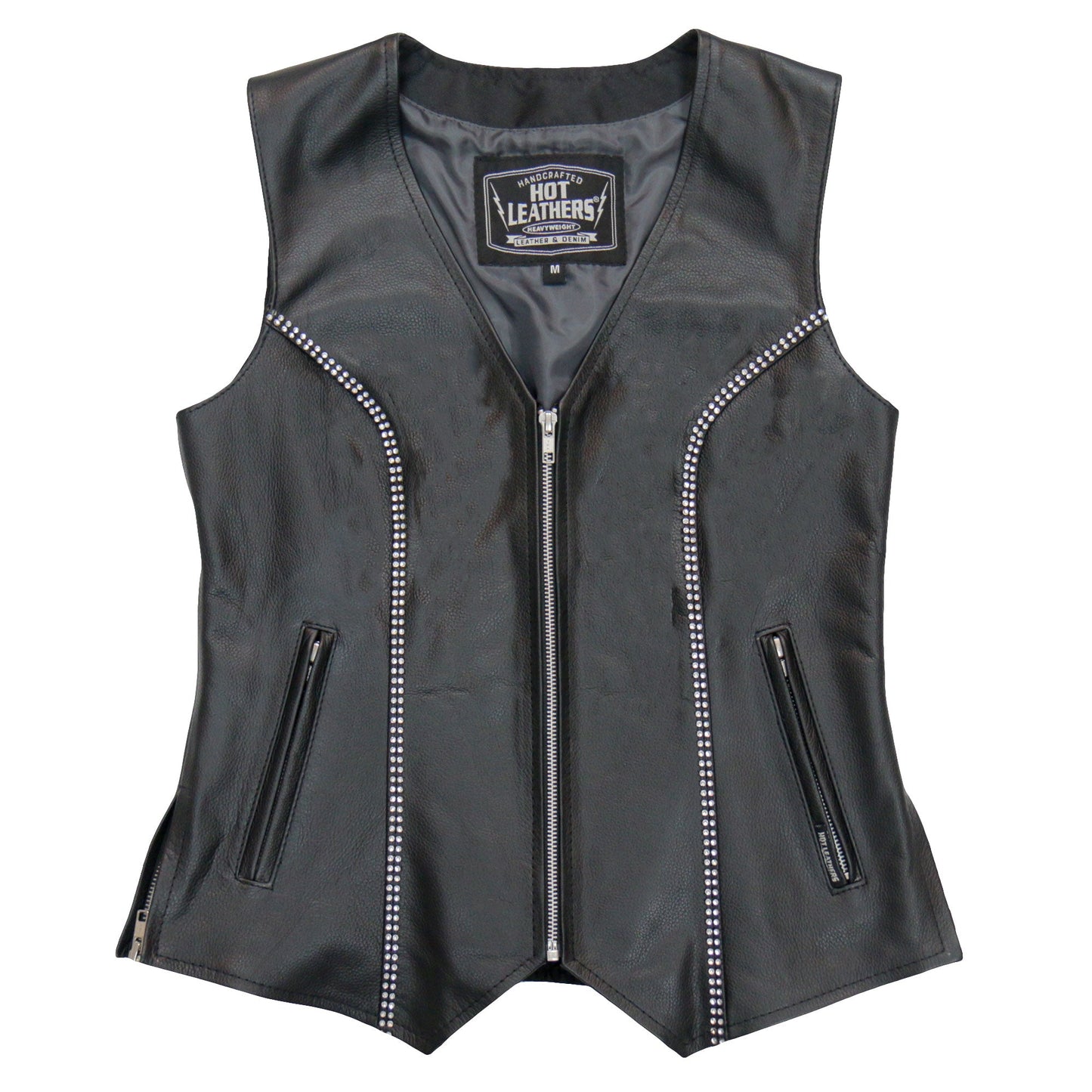 Hot Leathers VSL1016 Ladies Biker 'Rhinestone' Black Leather Motorcycle Vest