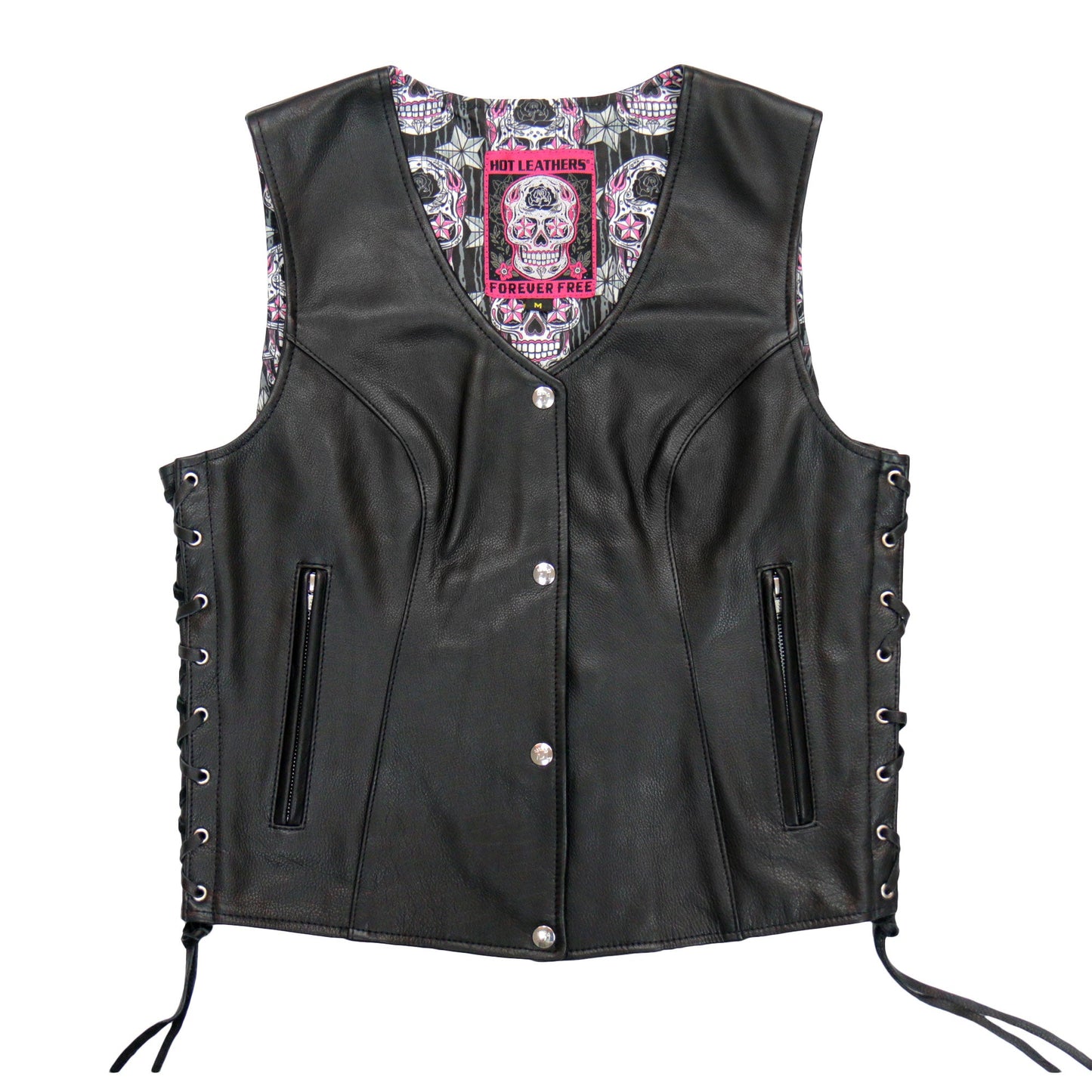 Hot Leathers VSL1017 Ladies 'Sugar Skull' Lined Black Leather Motorcycle Biker Vest