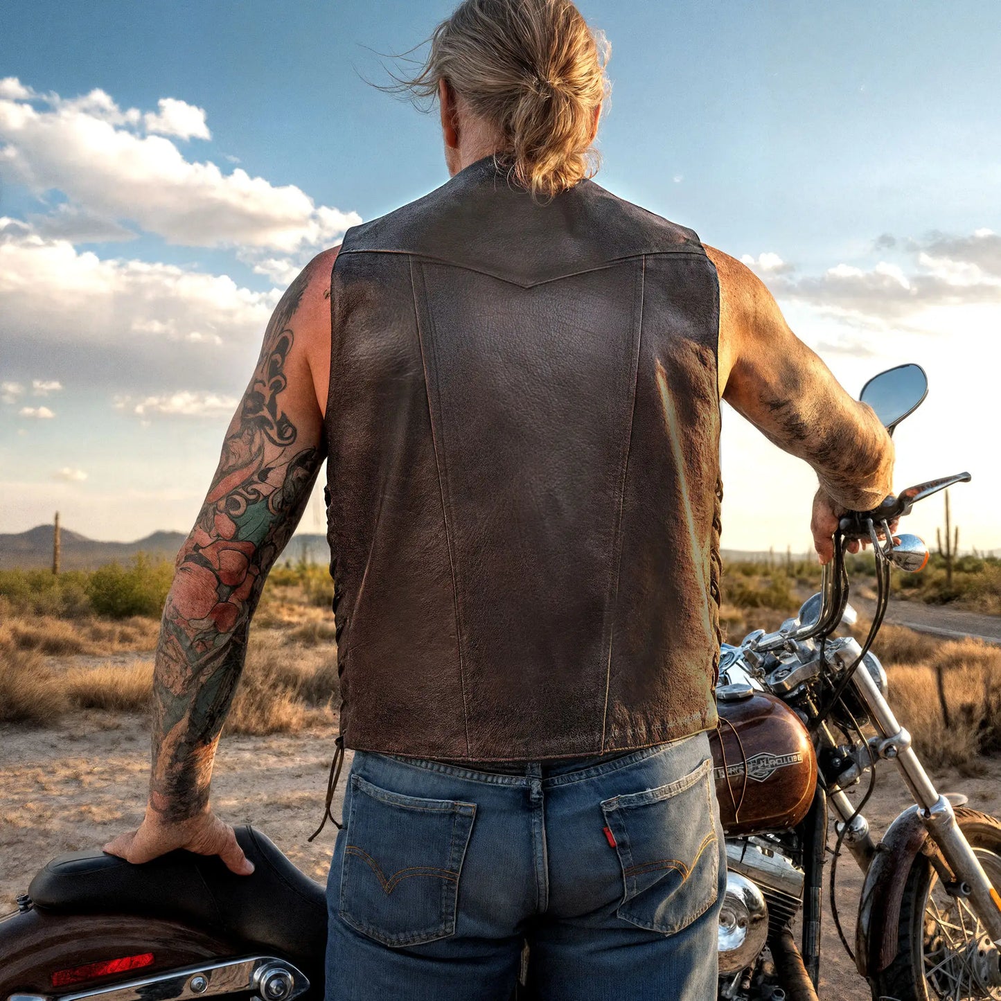 Hot Leathers VSM1040 Men's Retro Brown Motorcycle style 'Side Lace' Leather Biker Vest