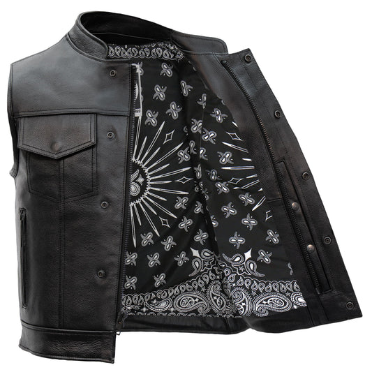 Hot Leathers VSM1049 Men's Black 'Paisley' Motorcycle Club style Conceal and Carry Leather Biker Vest