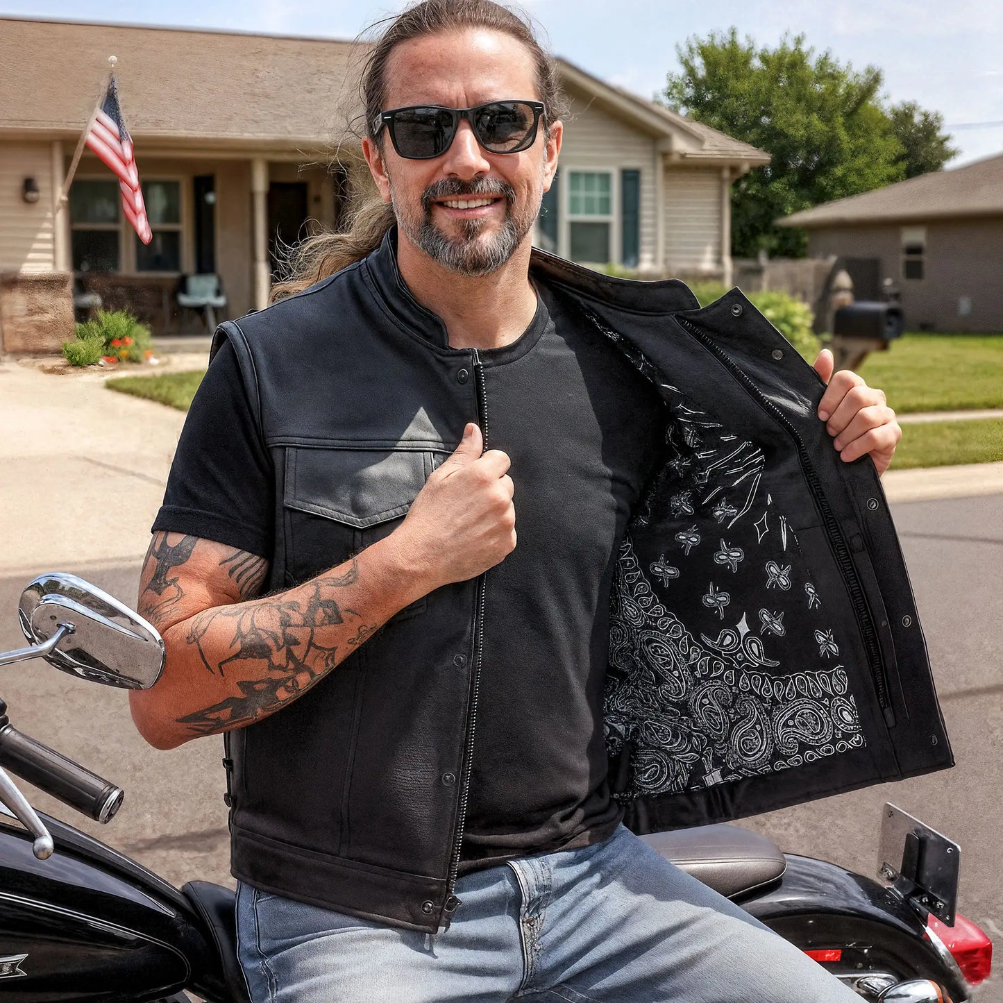 Hot Leathers VSM1049 Men's Black 'Paisley' Motorcycle Club style Conceal and Carry Leather Biker Vest