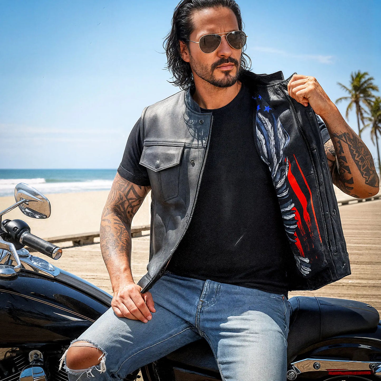 Hot Leathers VSM1052 Men's Black 'Patriotic' Motorcycle Club style Conceal and Carry Leather Biker Vest