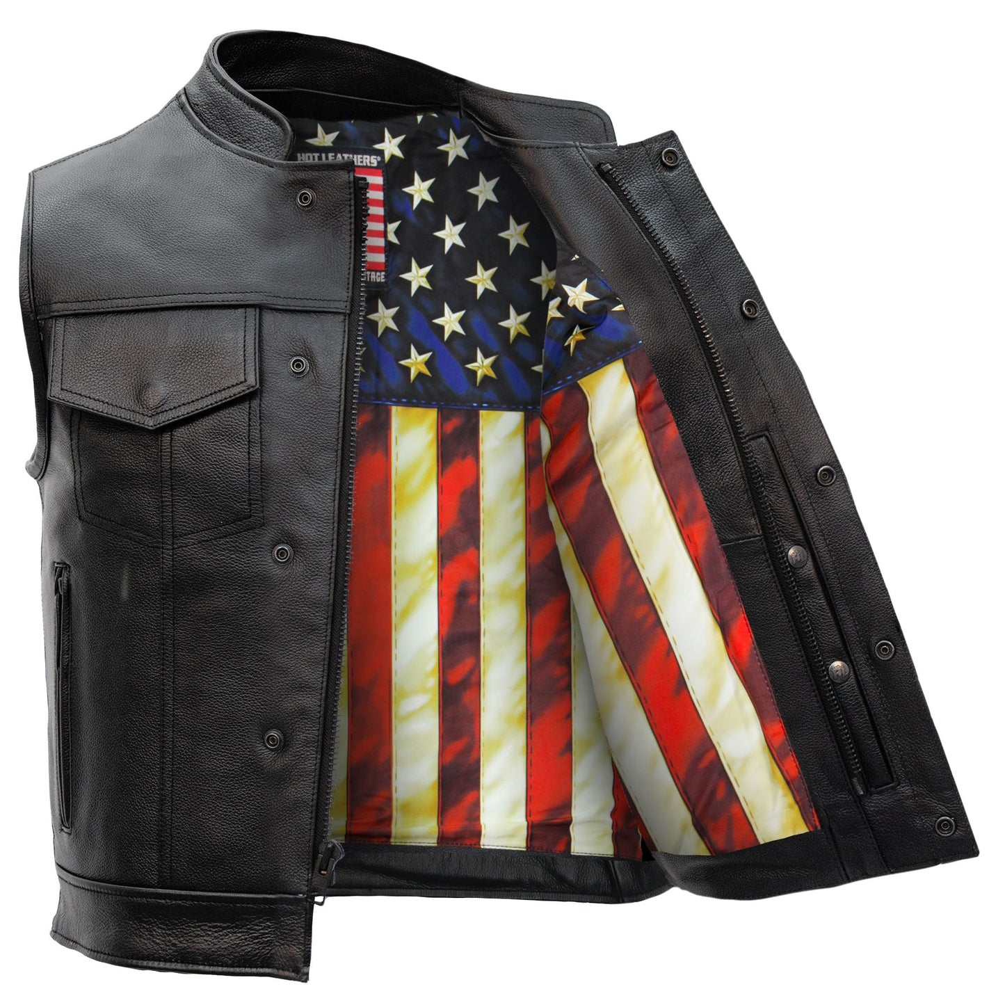 Hot Leathers VSM1056 Men's Black 'Vintage USA Flag' Motorcycle Club Style Conceal and Carry Leather Biker Vest