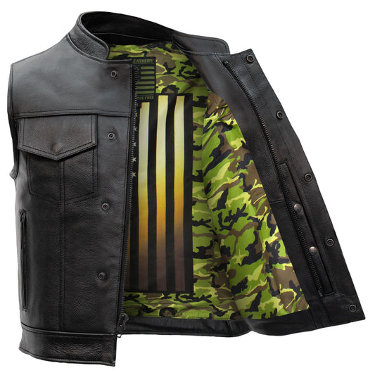 Hot Leathers VSM1058 Men's Black 'Camo Flag' Motorcycle Club Style Conceal and Carry Leather Biker Vest