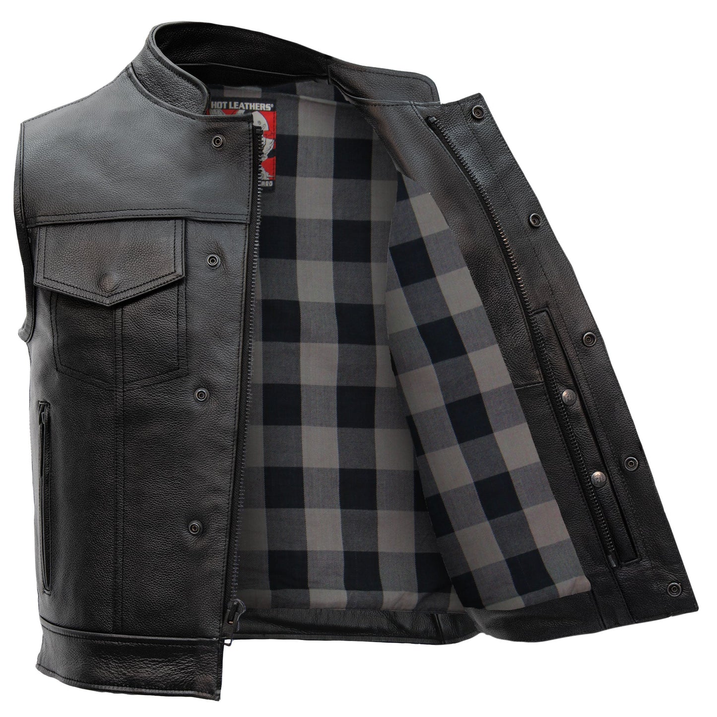 Hot Leathers VSM1059 Men's Black 'Flannel Grey' Motorcycle Club style Conceal and Carry Leather Biker Vest