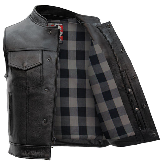 Hot Leathers VSM1059 Men's Black 'Flannel Grey' Motorcycle Club style Conceal and Carry Leather Biker Vest