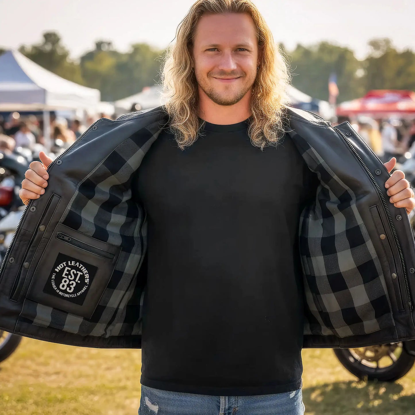 Hot Leathers VSM1059 Men's Black 'Flannel Grey' Motorcycle Club style Conceal and Carry Leather Biker Vest