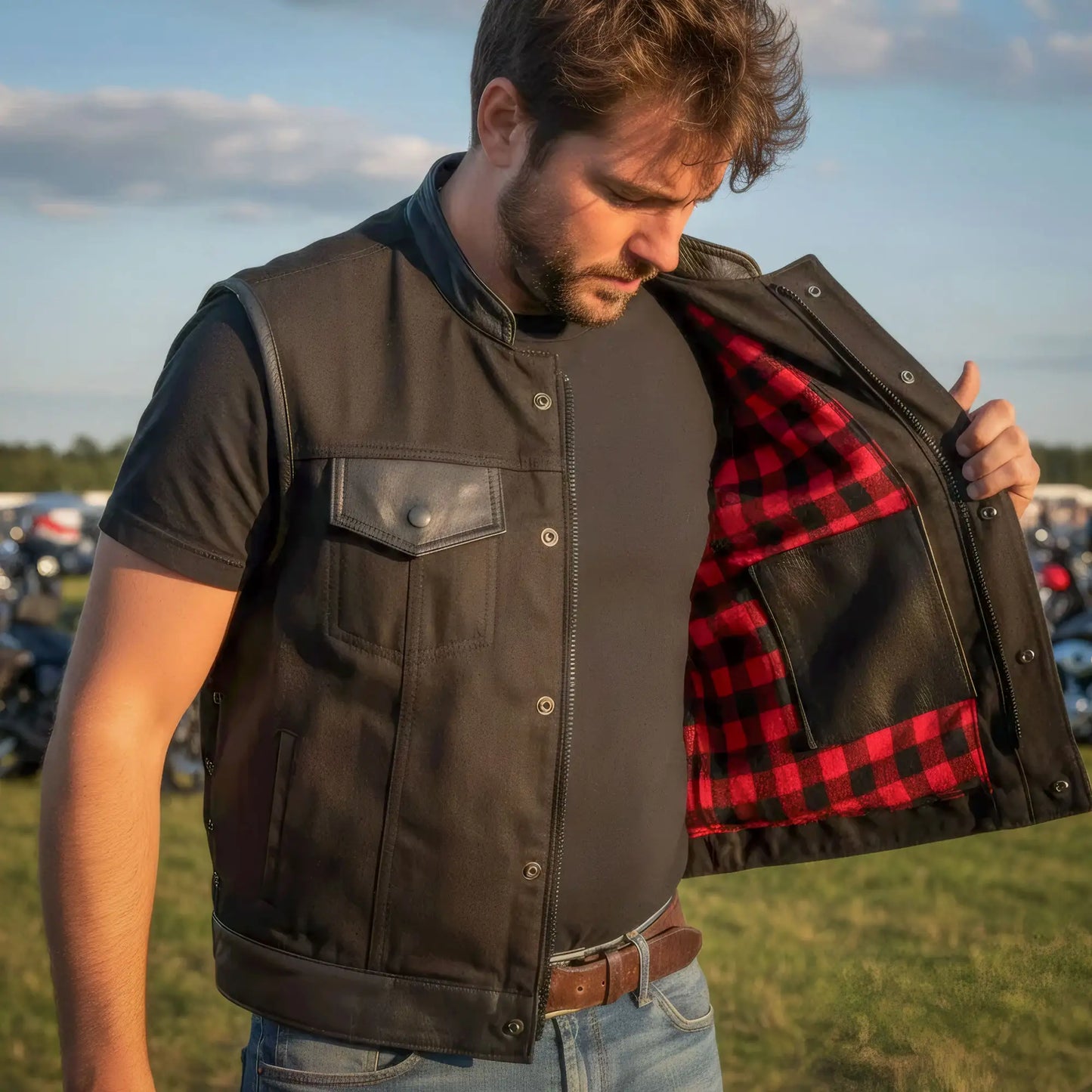 Hot Leathers VSM5101 Men's USA Made Denim and Leather Vest with Red Lining