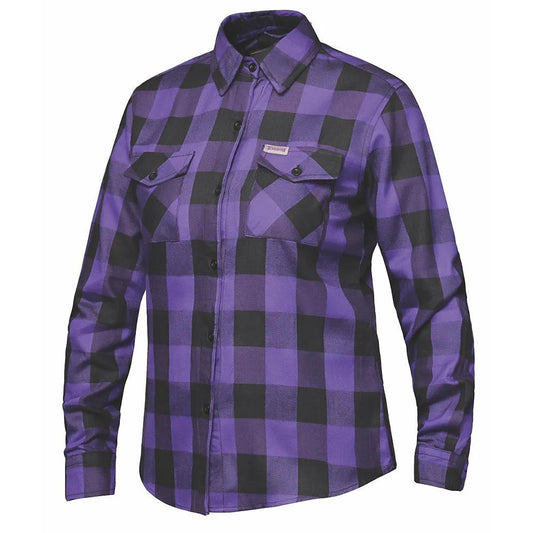 Women's purple and black checkered armored flannel shirt on a white background