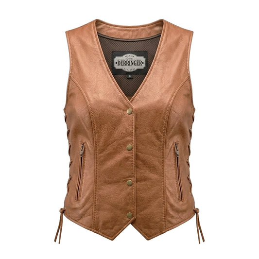 Leah - Women's Lambskin Leather Motorcycle Vest (Brown)