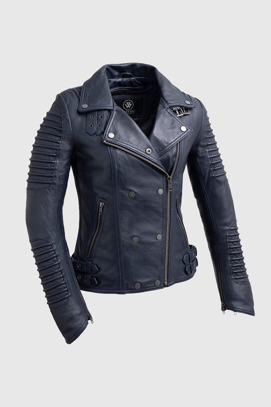 Queens Women's Fashion Leather Jacket Navy Blue (POS) Women's Fashion Moto Leather Jacket Whet Blu NYC XS Navy Blue 